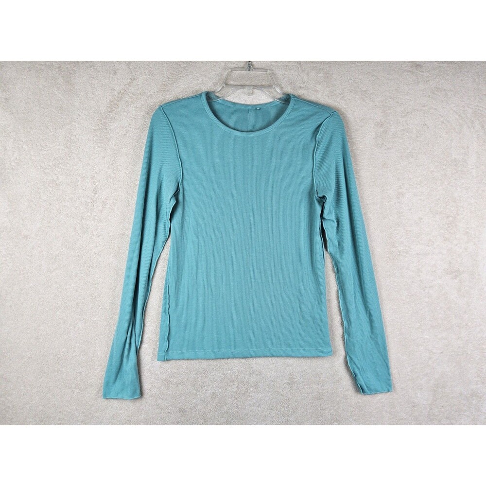 GU Women's Long Sleeve Ribbed Seam Blouse Top Teal Size S